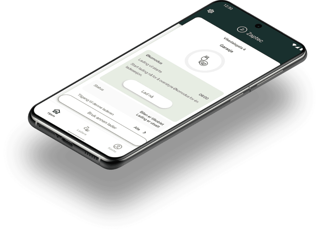 Mobiltelefon som viser oversikt over elbilladingen i appen til Zaptec Go